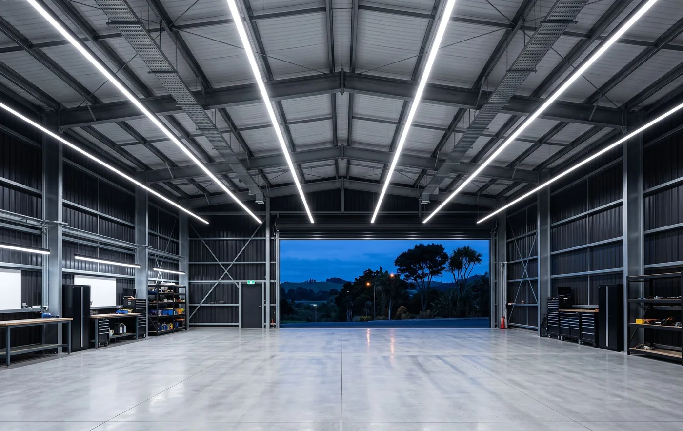 Rows of new linear LED battens lighting a high-ceilinged industrial unit at dusk.