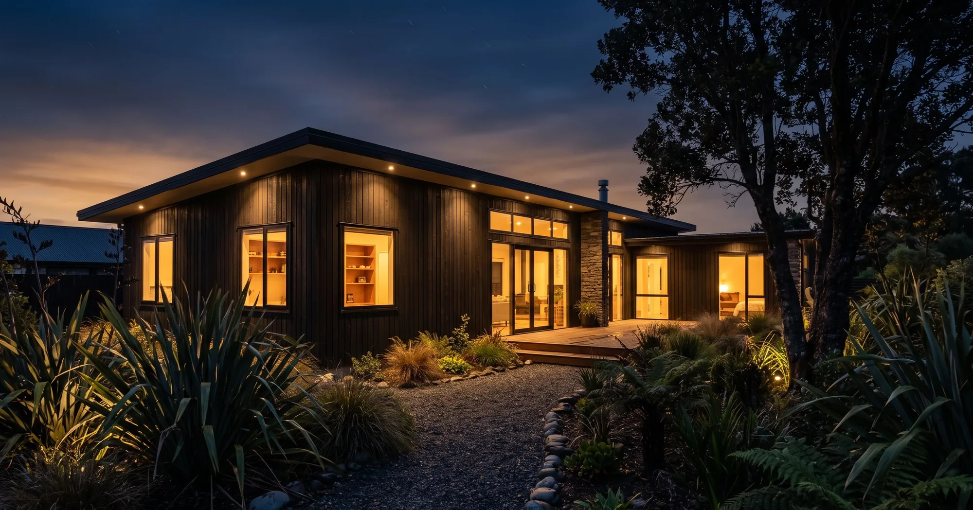 A single storey house photographed just after dusk, every window lit warm and the garden picked out by low uplights.