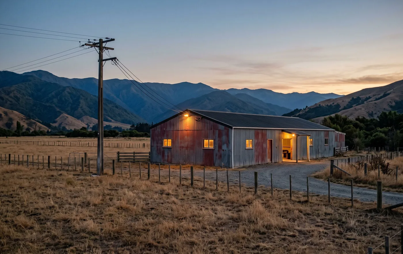 A long farm shed with its lights on, dry paddocks running away to hills going blue in the last of the light.