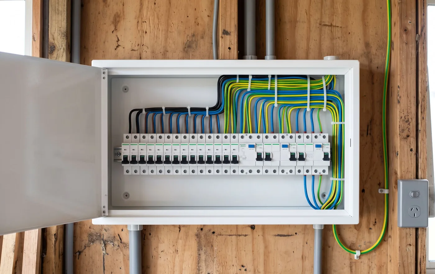 An open domestic switchboard showing a row of breakers with every circuit run dressed square.