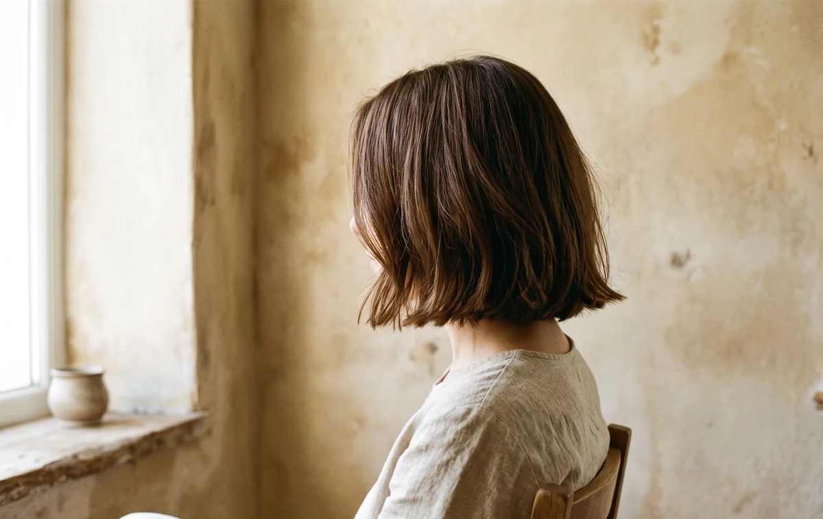 A freshly cut and coloured shoulder-length bob, photographed from behind against a warm plaster wall.