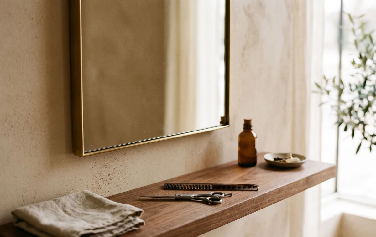 A styling station: the mirror, a folded linen towel on the ledge, and scissors and a comb laid down.
