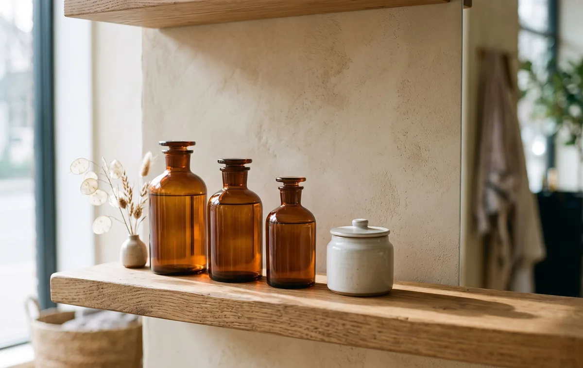 Unlabelled amber bottles and a white ceramic jar on a floating oak shelf against warm plaster.