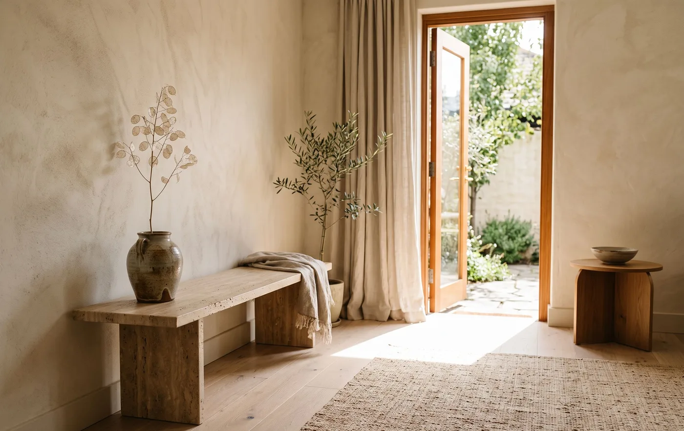 The front room: a low bench, a linen curtain and a woven rug on pale timber, with light falling through the doorway.