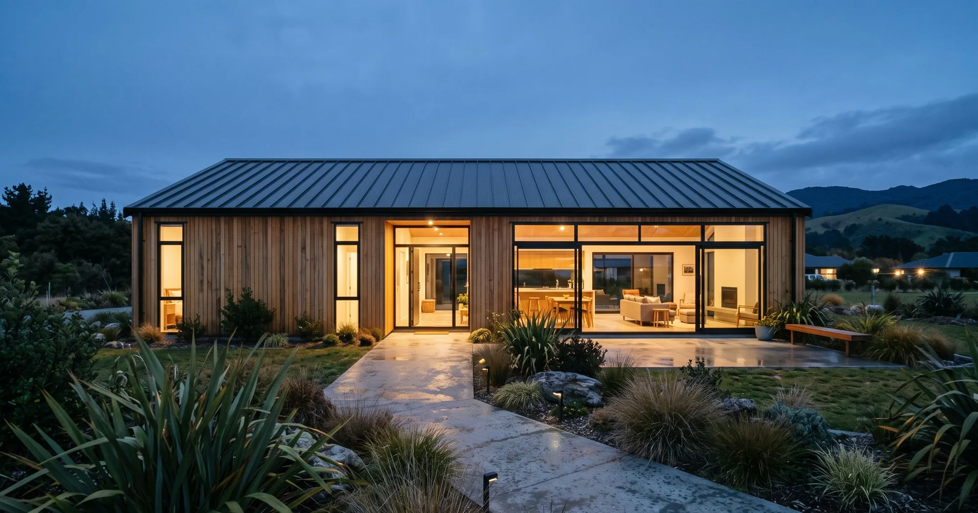 A finished house with dark timber cladding and a gabled roof, set among dry Canterbury grass.