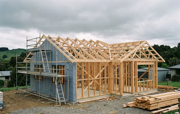 Builders framing timber walls while roof structure goes in above them.