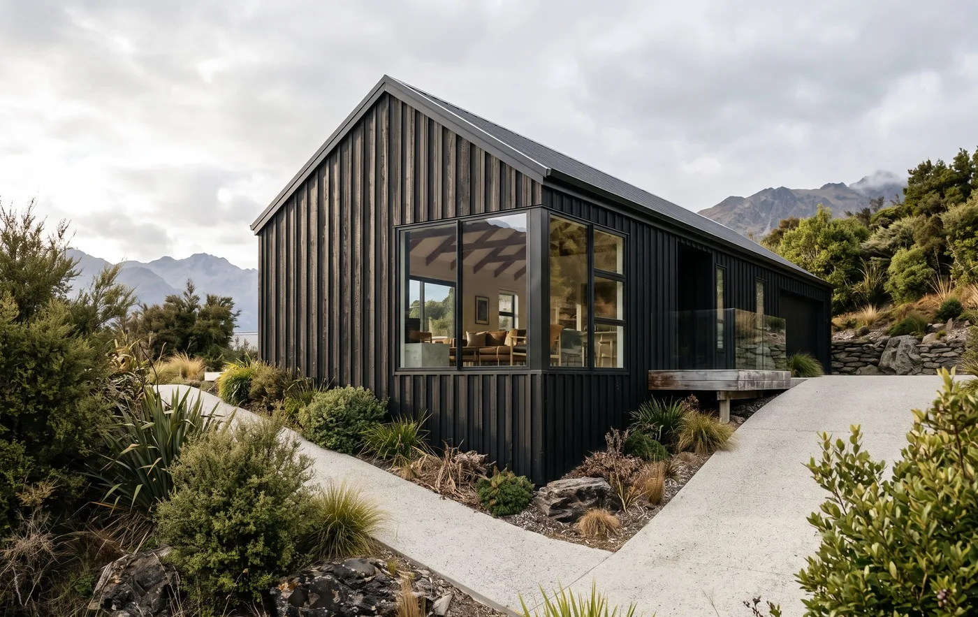 The black house in Governors Bay seen from the road, with dark cedar cladding and a gabled roofline.