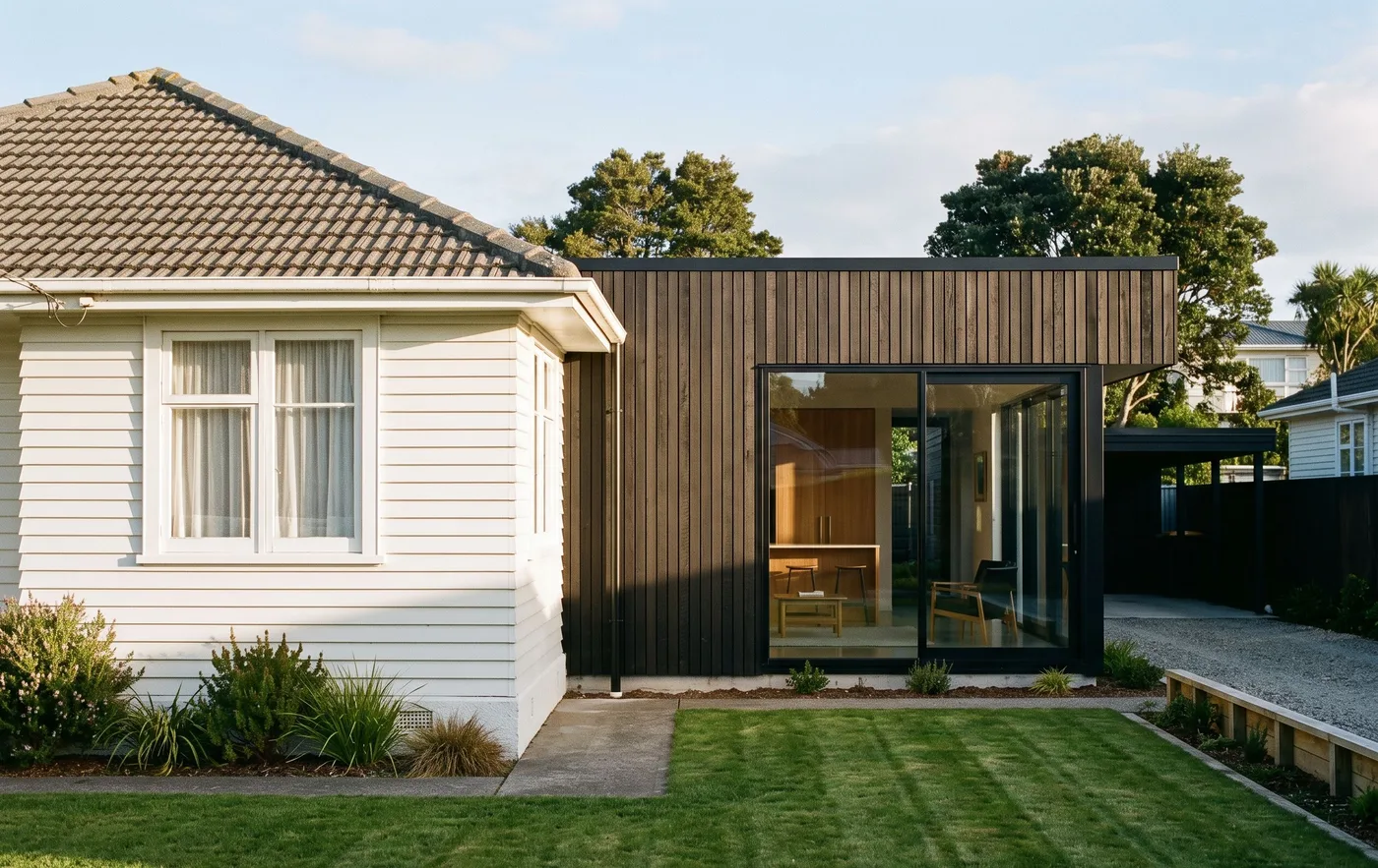A flat-roofed extension added behind a 1950s St Albans bungalow.