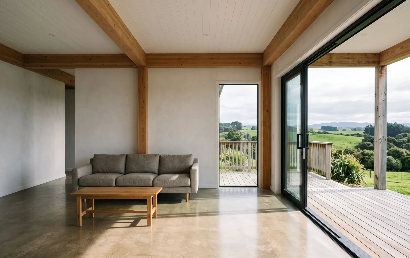 Inside the Halswell house, where a polished concrete floor meets glazing along the whole north wall.