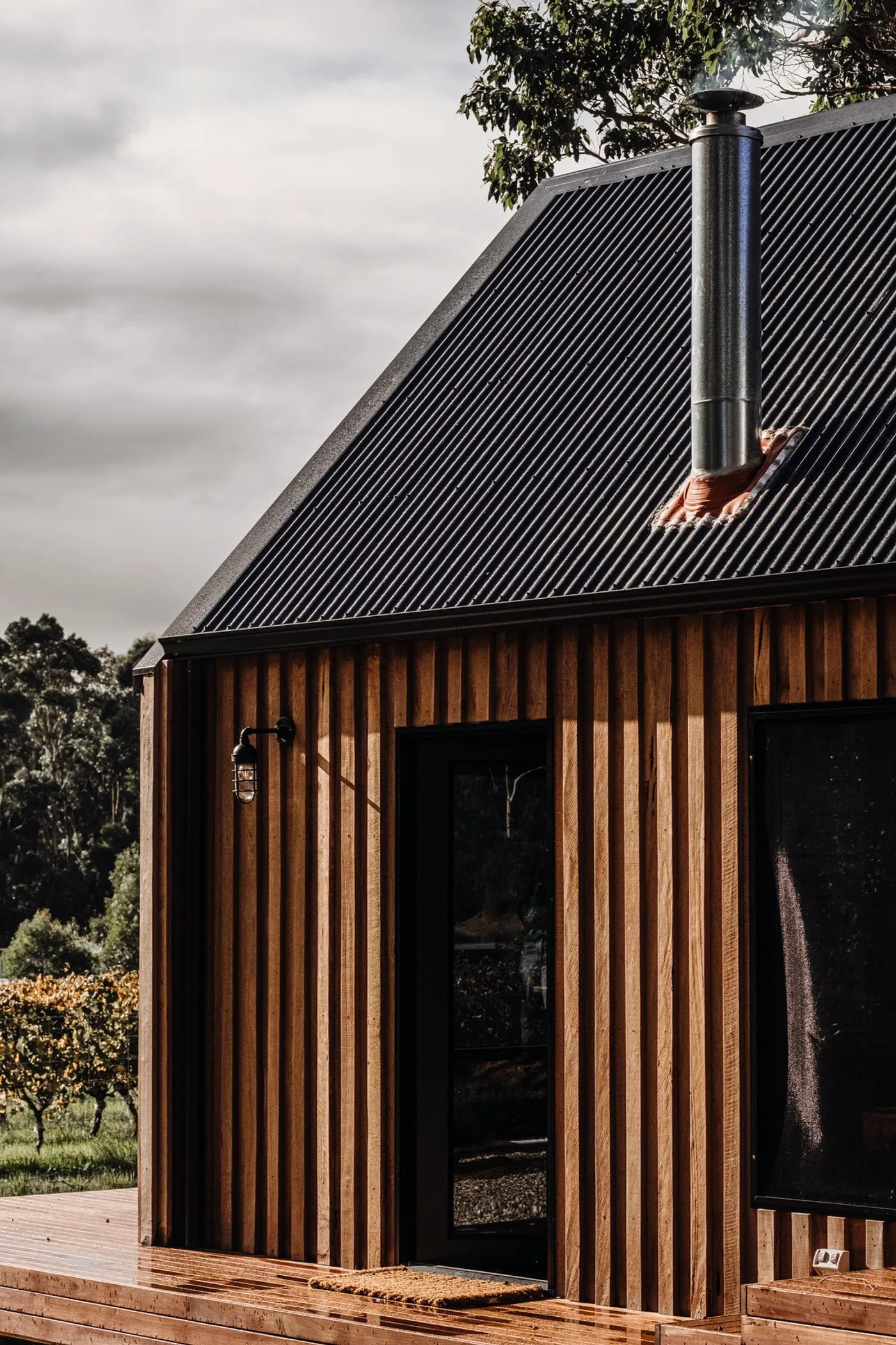 Vertical timber board cladding on a black-roofed home, with a steel flue rising through the roof.