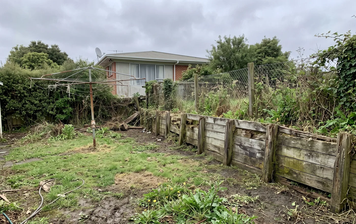 A tired back yard before landscaping: patchy lawn, a leaning timber retaining wall and weeds along the fence line.