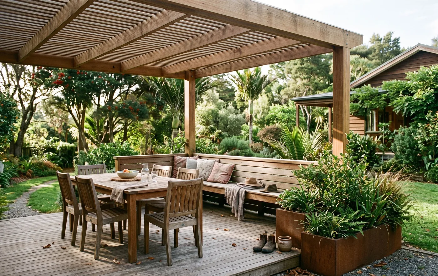 A cedar pergola over a hardwood deck, with an outdoor table beneath it and afternoon light coming through the slats.