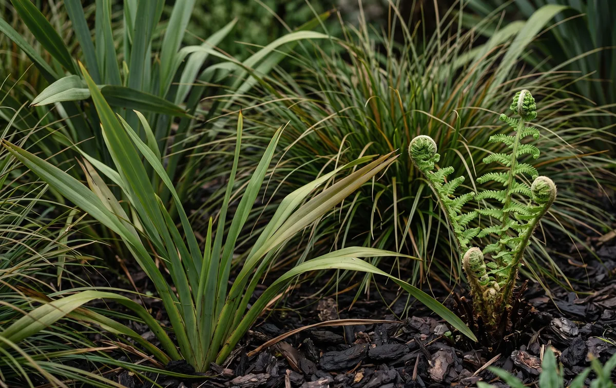 Close planting of flax blades, carex grasses and a young tree fern frond over dark bark mulch.