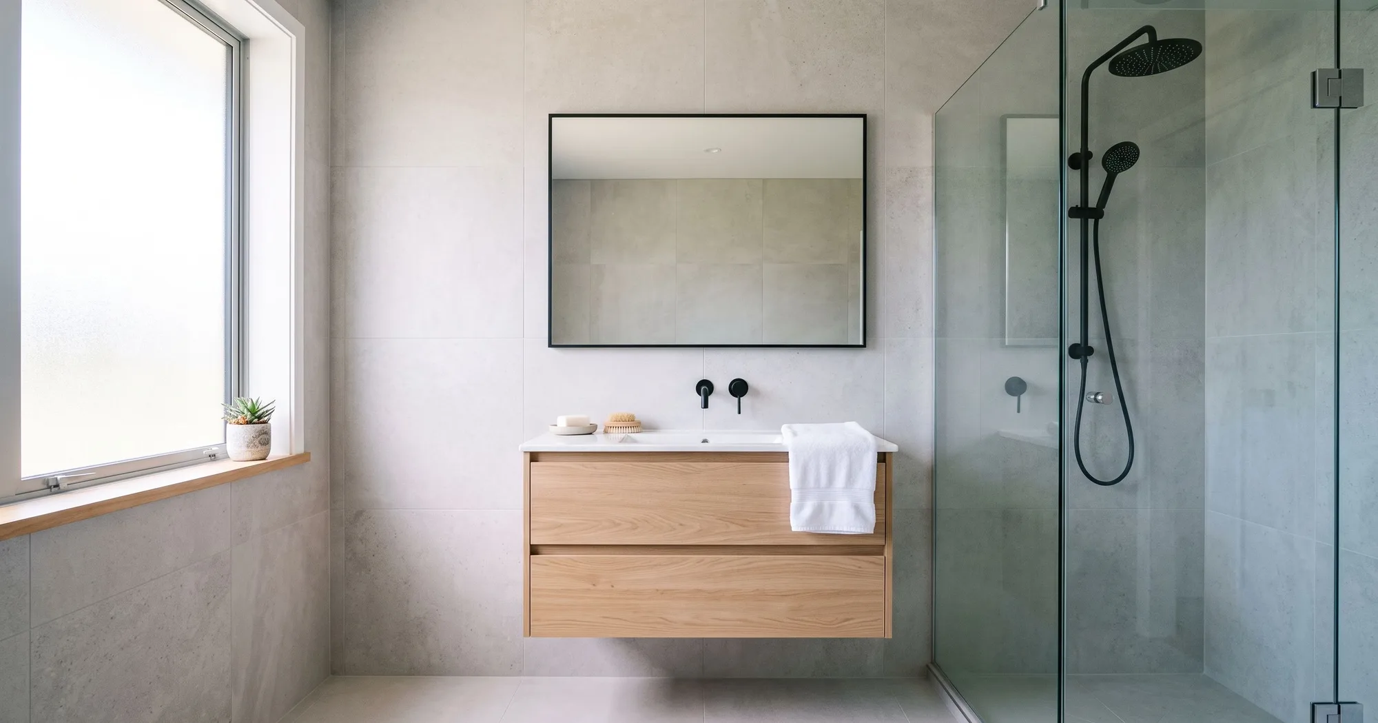 A finished modern bathroom with a walk-in glass shower and a white vanity unit.