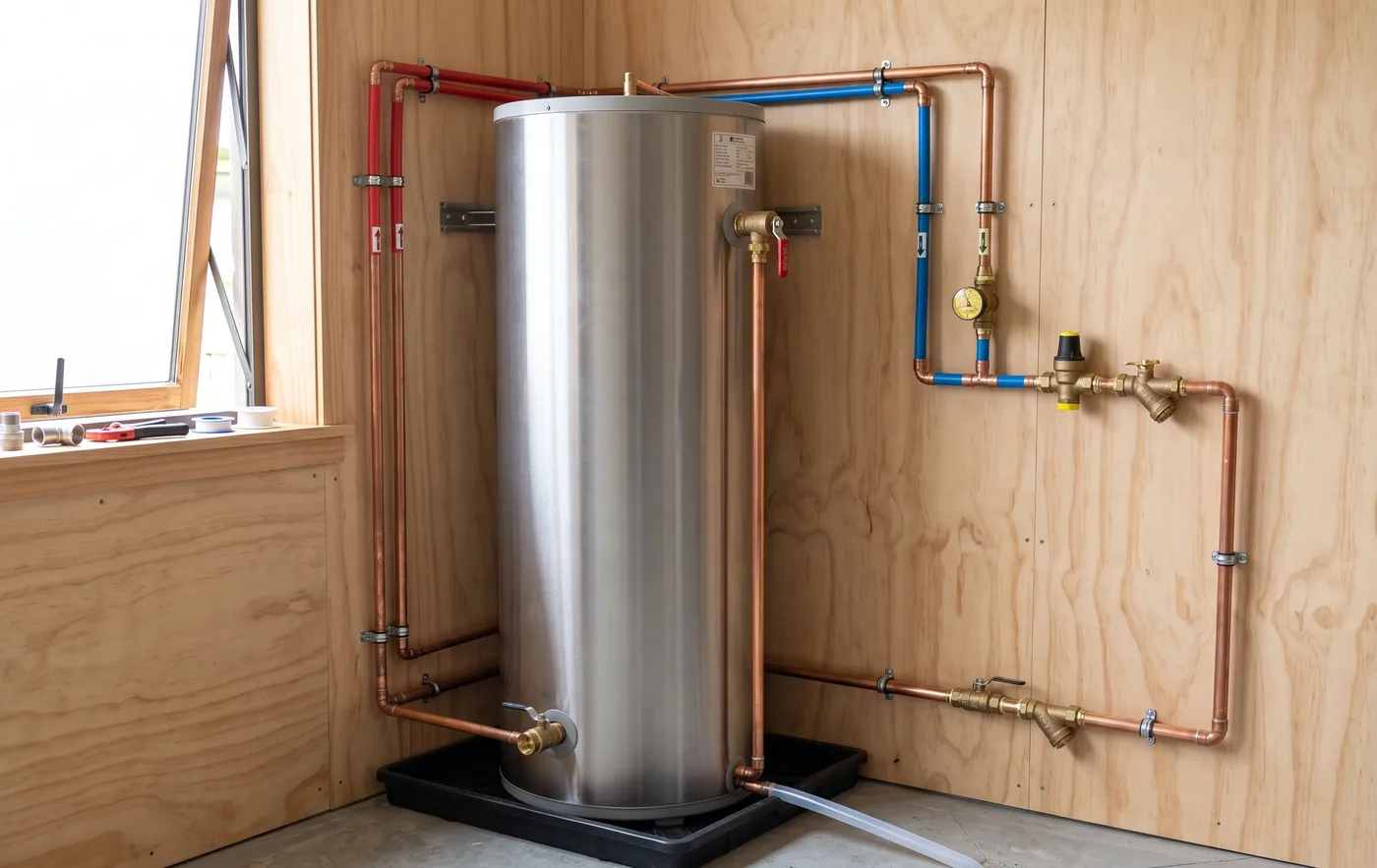 A new stainless steel hot water cylinder standing in a cupboard with copper pipes connected above it.