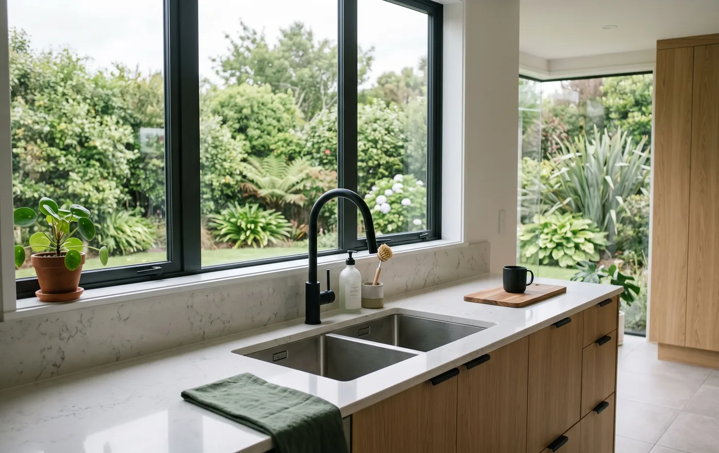 A stainless kitchen mixer tap and sink installed in a villa kitchen with a tiled splashback.