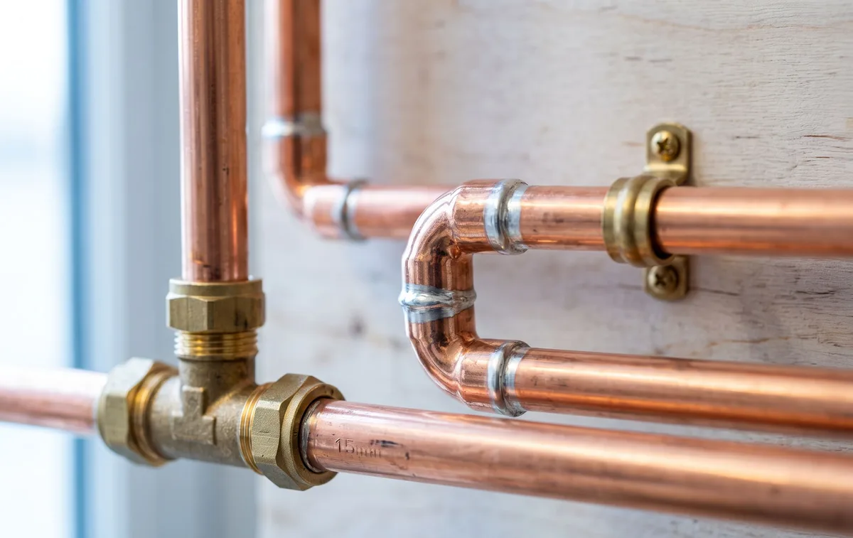Straight runs of new copper pipe clipped neatly along timber framing and beside a wall.