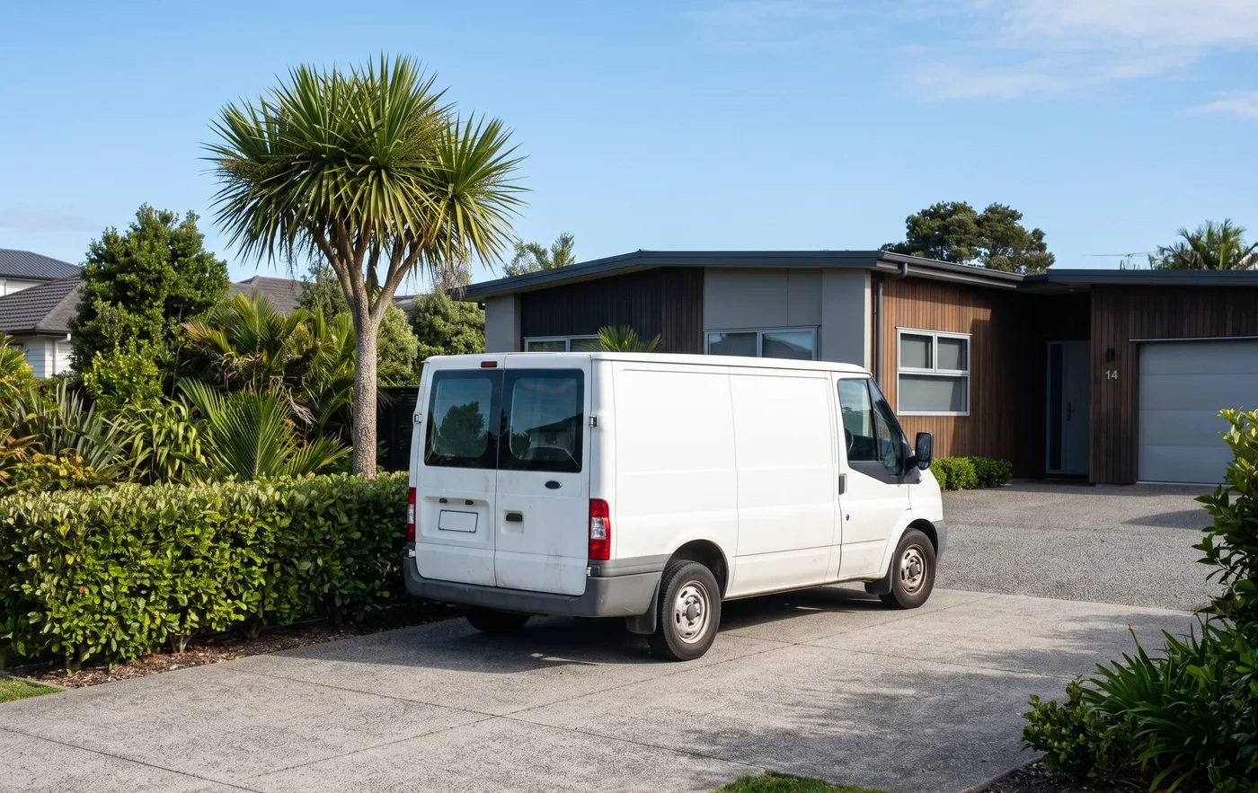 A plain white van parked in a suburban driveway, ready for the first job of the day.